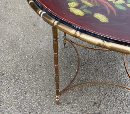 1950/70 ′ Round Bronze Coffee Table, Palm Tree Decor, Red Chinese Lacquer Top, Style Maison Baguès - Image 3