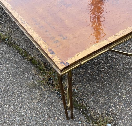 1970' Table Basse Double Piétement Bronze Modèle Bambou Maison Baguès Laque De Chine  168 x 55x H 38 cm – Image 7