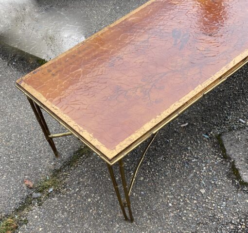 1970' Table Basse Double Piétement Bronze Modèle Bambou Maison Baguès Laque De Chine  168 x 55x H 38 cm – Image 6