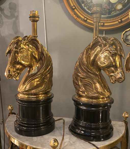 1950/70 Pair Of Gilt Bronze And Marble Lamps With Horse Head