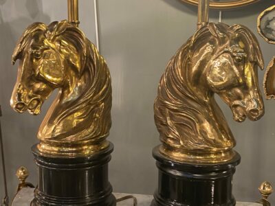 1950/70 Pair Of Gilt Bronze And Marble Lamps With Horse Head