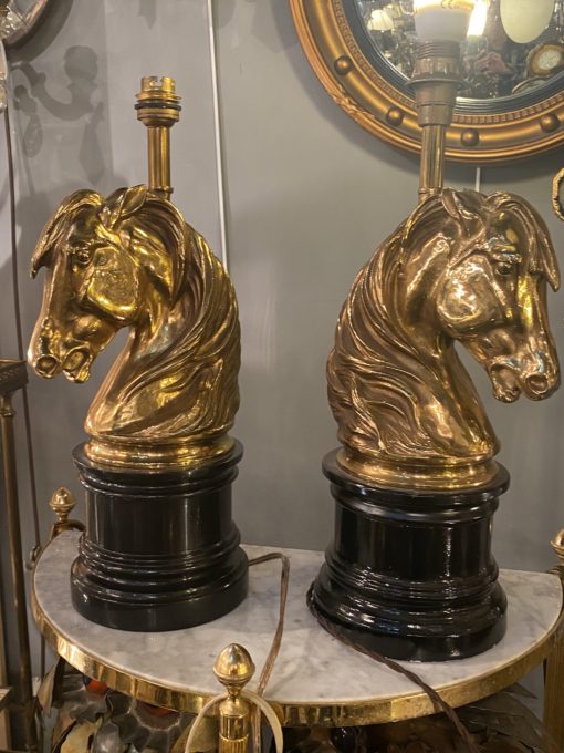 1950/70 Pair Of Gilt Bronze And Marble Lamps With Horse Head - Image 2