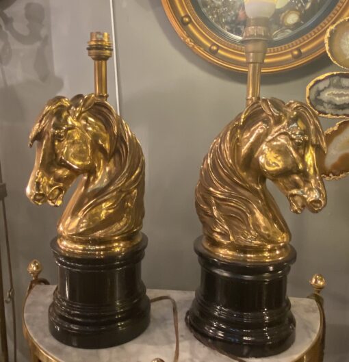 1950/70 Pair Of Gilt Bronze And Marble Lamps With Horse Head - Image 3