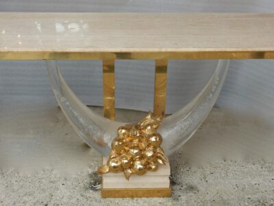 1970 ′ Gilt Bronze Console, Lucite And Travertine With Horns Of Plenty By Claude Dalle For Romeo 140 X 53 X H 85 cm