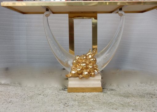 1970 ′ Gilt Bronze Console, Lucite And Travertine With Horns Of Plenty By Claude Dalle For Romeo 140 X 53 X H 85 cm - Image 3
