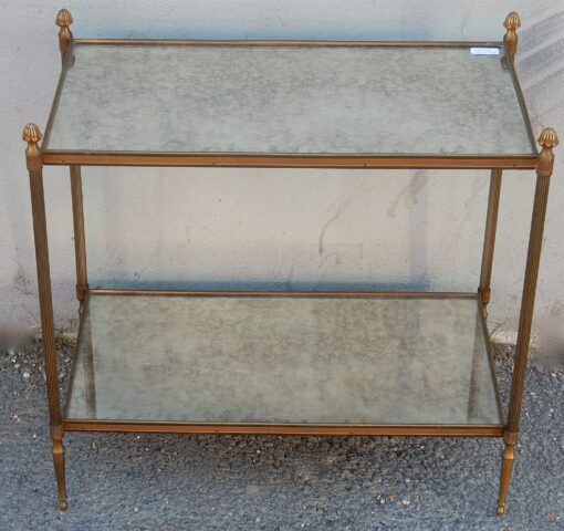 1950/70′ Bout De Canapé Rectangulaire Maison Baguès Laiton et Bronze Plateaux Miroir Oxydé Vieilli et Fleur 64 X 36 cm