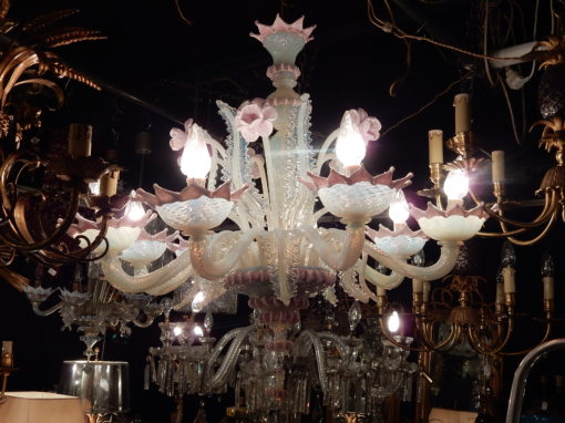 1970 'Murano Chandelier with 8 Light Arms in Opalescent Blue Glass and Pink Glass Paste - Image 6