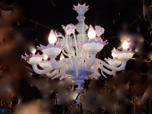 1970 'Murano Chandelier with 8 Light Arms in Opalescent Blue Glass and Pink Glass Paste - Image 3