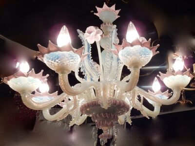 1970 'Murano Chandelier with 8 Light Arms in Opalescent Blue Glass and Pink Glass Paste