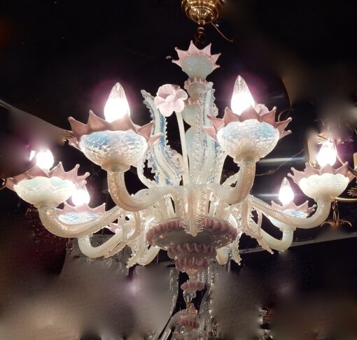 1970 'Murano Chandelier with 8 Light Arms in Opalescent Blue Glass and Pink Glass Paste