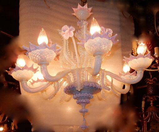 1970 'Murano Chandelier with 8 Light Arms in Opalescent Blue Glass and Pink Glass Paste - Image 2