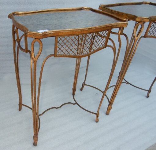 1950' Paire De Tables d'Appoint Maison Baguès Fer Forgé Dorée à l'Or Plateaux Miroirs Oxydés Vieillis – Image 8