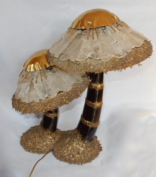 1970′Lamp With 2 Illuminating Mushrooms In Brass With Gypsum Imitating Rock Crystal Style Duval Brasseur, Faure, Fernandez - Image 10