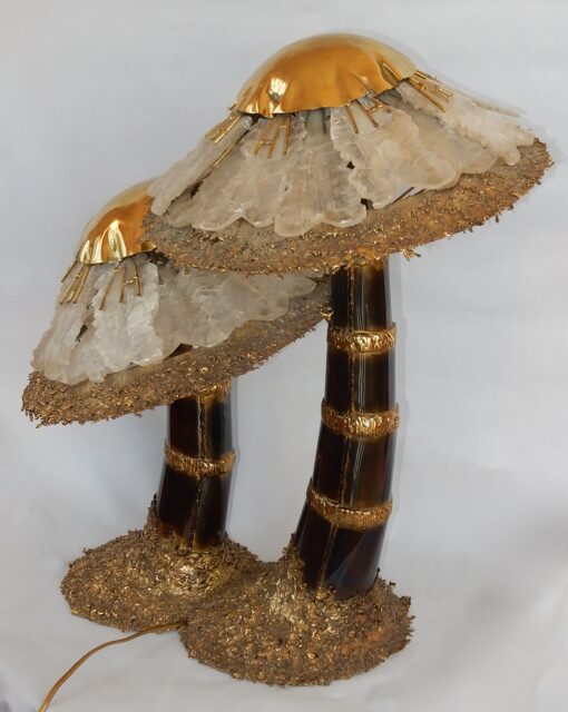 1970′Lamp With 2 Illuminating Mushrooms In Brass With Gypsum Imitating Rock Crystal Style Duval Brasseur, Faure, Fernandez - Image 8