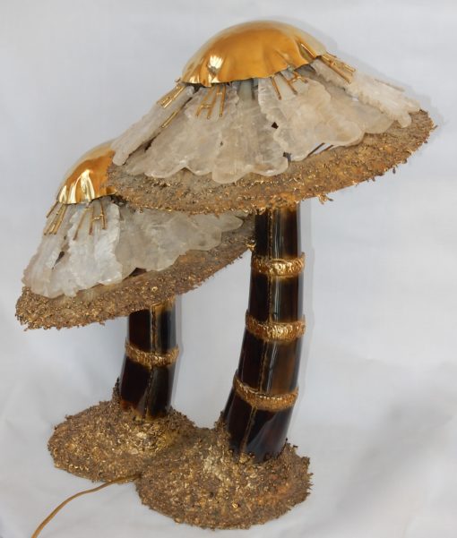 1970′Lamp With 2 Illuminating Mushrooms In Brass With Gypsum Imitating Rock Crystal Style Duval Brasseur, Faure, Fernandez - Image 7