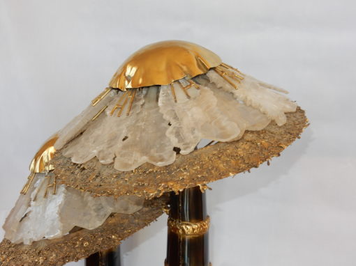 1970′Lamp With 2 Illuminating Mushrooms In Brass With Gypsum Imitating Rock Crystal Style Duval Brasseur, Faure, Fernandez - Image 6
