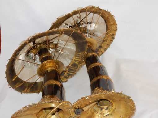 1970′Lamp With 2 Illuminating Mushrooms In Brass With Gypsum Imitating Rock Crystal Style Duval Brasseur, Faure, Fernandez - Image 3