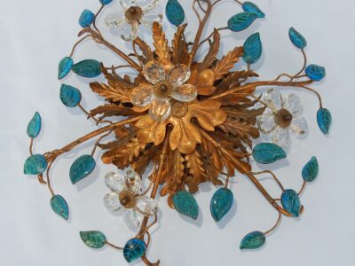 1970′ Ceiling Light or Sconce Decorated with Flowers and Leaves in Golden Metal Maison Baguès or Banci Style Blue Glass Leaves