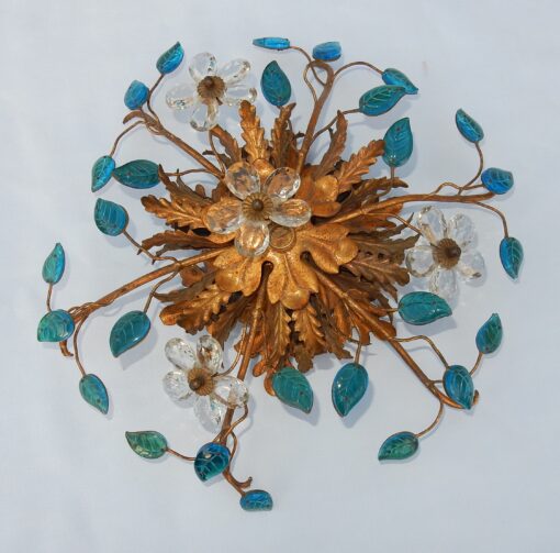 1970′ Ceiling Light or Sconce Decorated with Flowers and Leaves in Golden Metal Maison Baguès or Banci Style Blue Glass Leaves