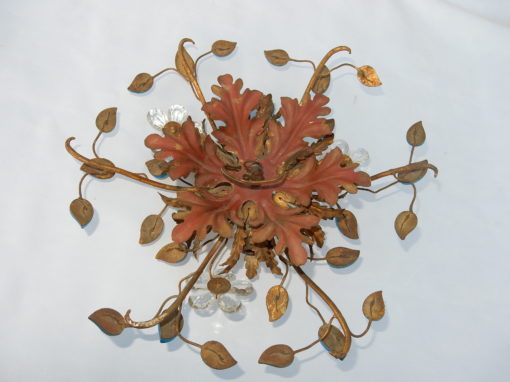 1970′ Plafonnier ou Applique à Décor de Fleurs et Feuilles en Métal Doré Et Verre Coloré Bleu Maison Baguès Ou Banci – Image 7