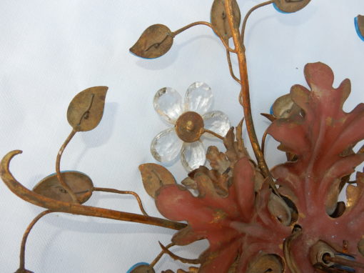 1970′ Plafonnier ou Applique à Décor de Fleurs et Feuilles en Métal Doré Et Verre Coloré Bleu Maison Baguès Ou Banci – Image 8