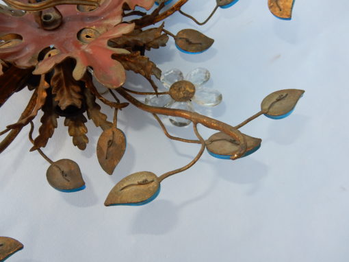 1970′ Plafonnier ou Applique à Décor de Fleurs et Feuilles en Métal Doré Et Verre Coloré Bleu Maison Baguès Ou Banci – Image 10