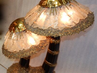 1970′Lamp With 2 Illuminating Mushrooms In Brass With Gypsum Imitating Rock Crystal Style Duval Brasseur, Faure, Fernandez
