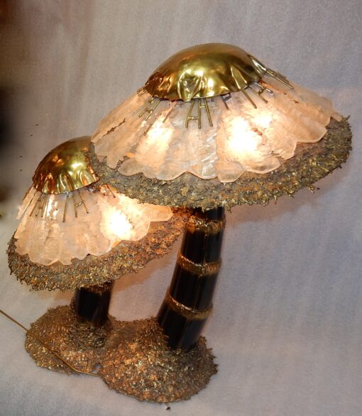 1970′Lamp With 2 Illuminating Mushrooms In Brass With Gypsum Imitating Rock Crystal Style Duval Brasseur, Faure, Fernandez