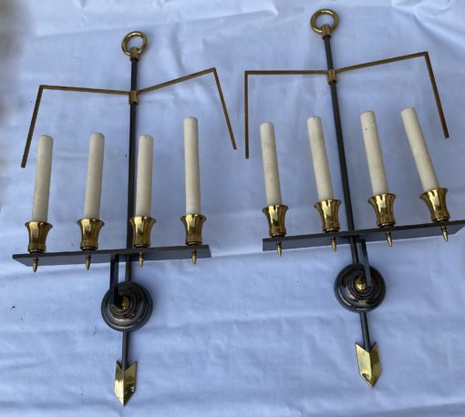 1970 ′ Pair of Double Patina Bronze Wall Lights Directoire Style Maison Jansen Or Wilkinson H 104 X 48 cm