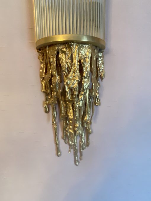 1970 'Pair Of Wall Lights In Gilt Bronze And Glass Tubes By Victor Boeltz Decor Stalagmites And Stalagtites H 103 cm - Image 6
