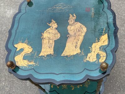 1950/70′ Guéridon Maison Baguès Décor Bambou en Bronze Doré Avec Plateaux Laque de Chine Vert/Bleu Et Or 40X40 H59Cm