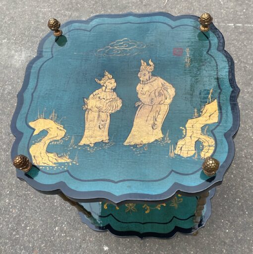 1950/70 ′ Maison Baguès Pedestal Table Bamboo Decor in Gilt Bronze With Green / Blue And Gold Chinese Lacquer Trays 40 X 40 Cm H 59 Cm