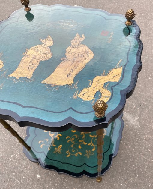 1950/70 ′ Maison Baguès Pedestal Table Bamboo Decor in Gilt Bronze With Green / Blue And Gold Chinese Lacquer Trays 40 X 40 Cm H 59 Cm - Image 18