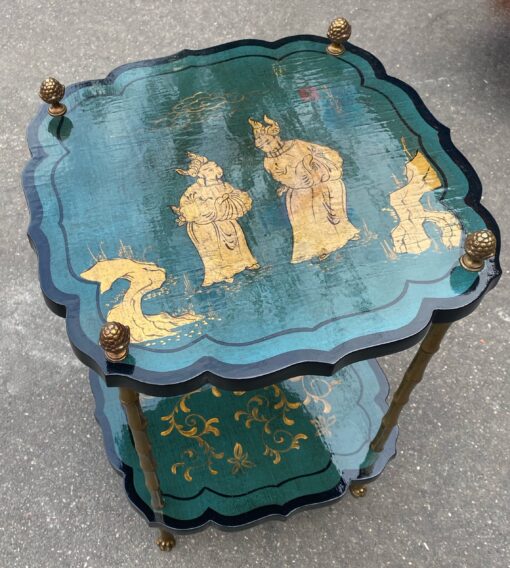 1950/70 ′ Maison Baguès Pedestal Table Bamboo Decor in Gilt Bronze With Green / Blue And Gold Chinese Lacquer Trays 40 X 40 Cm H 59 Cm - Image 16