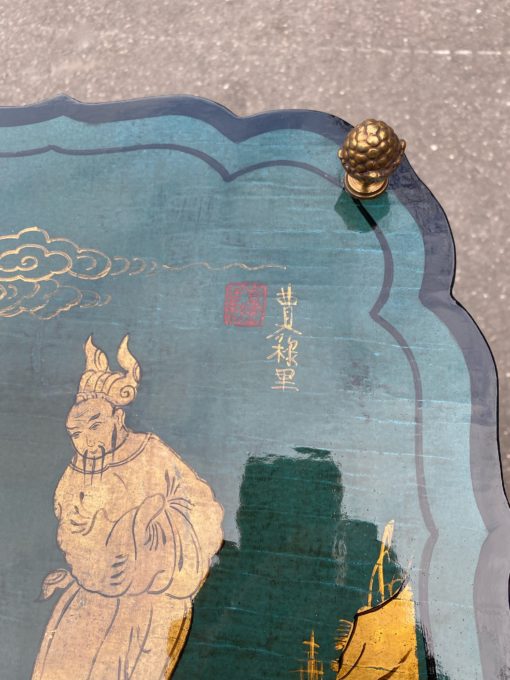 1950/70 ′ Maison Baguès Pedestal Table Bamboo Decor in Gilt Bronze With Green / Blue And Gold Chinese Lacquer Trays 40 X 40 Cm H 59 Cm - Image 14