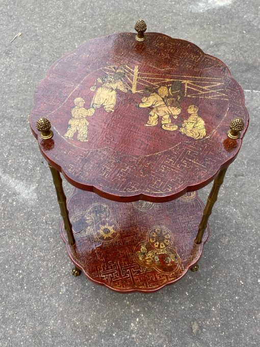 1950/70′ Maison Baguès Pedestal Table Bamboo Decor in Gilt Bronze With Chinese Red And Gold Lacquer Trays Diameter 36 Cm H 59 Cm