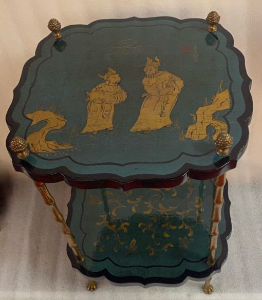 1950/70 ′ Maison Baguès Pedestal Table Bamboo Decor in Gilt Bronze With Green / Blue And Gold Chinese Lacquer Trays 40 X 40 Cm H 59 Cm - Image 11