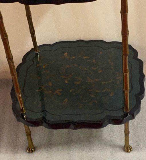 1950/70 ′ Maison Baguès Pedestal Table Bamboo Decor in Gilt Bronze With Green / Blue And Gold Chinese Lacquer Trays 40 X 40 Cm H 59 Cm - Image 9