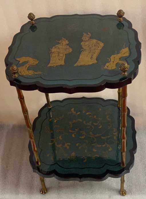 1950/70 ′ Maison Baguès Pedestal Table Bamboo Decor in Gilt Bronze With Green / Blue And Gold Chinese Lacquer Trays 40 X 40 Cm H 59 Cm - Image 8