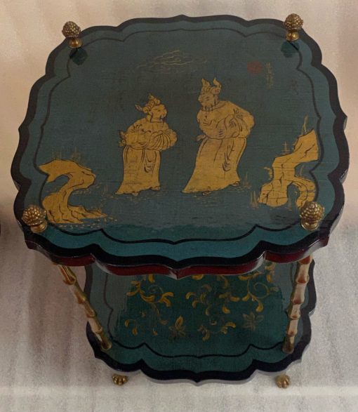 1950/70 ′ Maison Baguès Pedestal Table Bamboo Decor in Gilt Bronze With Green / Blue And Gold Chinese Lacquer Trays 40 X 40 Cm H 59 Cm - Image 7