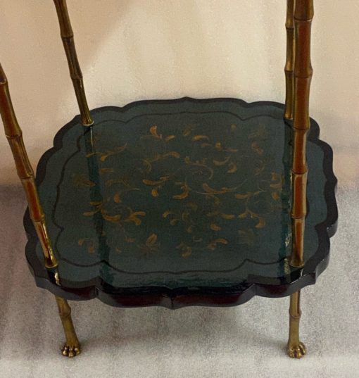 1950/70 ′ Maison Baguès Pedestal Table Bamboo Decor in Gilt Bronze With Green / Blue And Gold Chinese Lacquer Trays 40 X 40 Cm H 59 Cm - Image 6