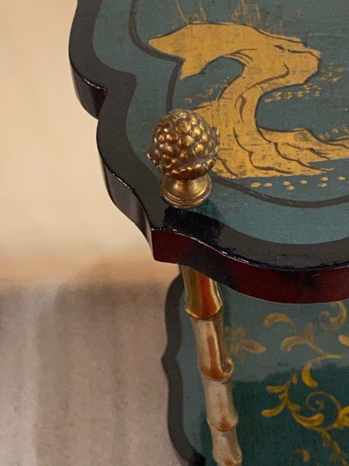 1950/70 ′ Maison Baguès Pedestal Table Bamboo Decor in Gilt Bronze With Green / Blue And Gold Chinese Lacquer Trays 40 X 40 Cm H 59 Cm - Image 5