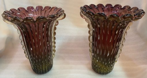 1970 ′ Pair of Vases Or Similar Murano Crystal Violine and Gold Signed Toso H 39 cm