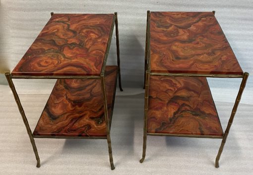 1950 ′ Pair of Maison Baguès Bamboo Decor Tables in Gilt Bronze With Wood Trays Marble Decor 64 X 39 X H 58 cm