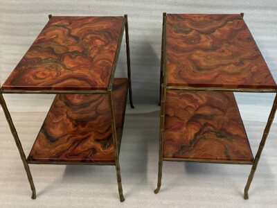1950 ′ Pair of Maison Baguès Bamboo Decor Tables in Gilt Bronze With Wood Trays Marble Decor 64 X 39 X H 58 cm
