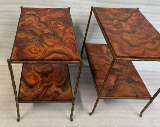 1950 ′ Pair of Maison Baguès Bamboo Decor Tables in Gilt Bronze With Wood Trays Marble Decor 64 X 39 X H 58 cm - Image 8