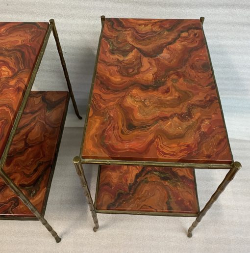1950 ′ Pair of Maison Baguès Bamboo Decor Tables in Gilt Bronze With Wood Trays Marble Decor 64 X 39 X H 58 cm - Image 6