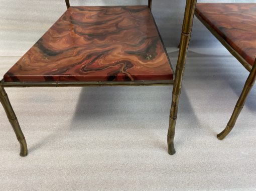1950 ′ Pair of Maison Baguès Bamboo Decor Tables in Gilt Bronze With Wood Trays Marble Decor 64 X 39 X H 58 cm - Image 5