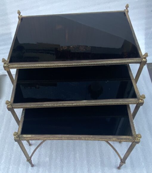 1970′ Series of 3 Maison Baguès Nesting Tables Bamboo Model Gilt Bronze 3 Black Opaline Trays 58 X 40 X H 58 cm - Image 2