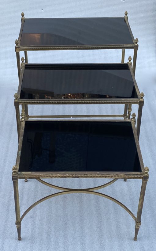 1970′ Series of 3 Maison Baguès Nesting Tables Bamboo Model Gilt Bronze 3 Black Opaline Trays 58 X 40 X H 58 cm